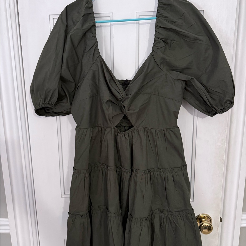 Express Olive Green Puff Sleeve Dress with Cutout